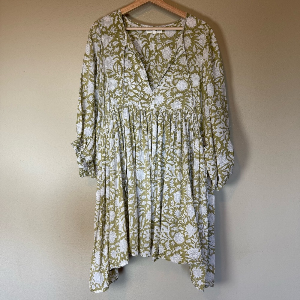 Daughters of India Kyra Olive White Floral Print Cotton Mini Dress Size XL - Picture 2 of 7